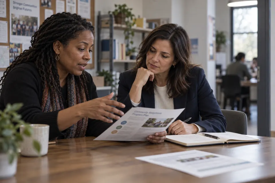 Corporate community impact leader reviewing a community program with a nonprofit partner