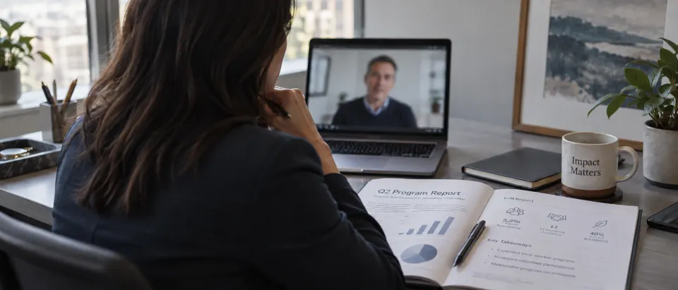 Corporate community impact lead reviewing a program report during a video meeting